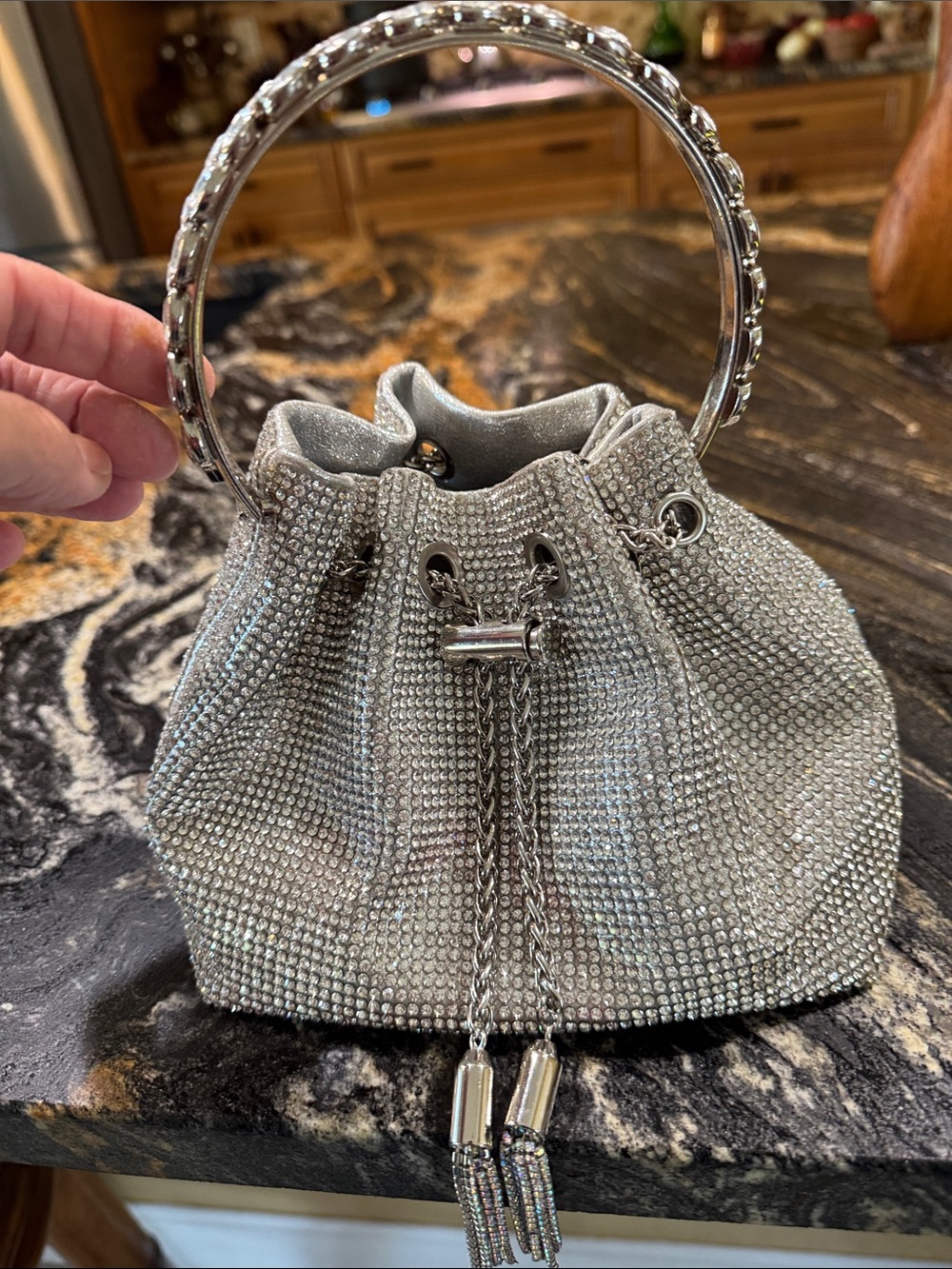 Silver Crystal Drawstring Mini Bag with Decorative Handle